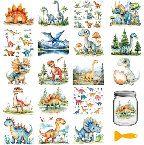 GLOBLELAND 18 Blatt Dinosaurier Transferaufkleber 3.9x3.6 Zoll Abziehbilder Dinosaurier Und Bäume Zum Aufreiben für Möbel Vasen Gläser Einmachgläser Dekorationen Kunsthandwerk
