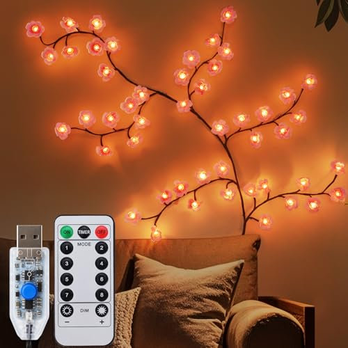 Ninonly Arbre Lumineux Interieur, 1.2M 48 LED Fleurs de Cerisier Lumineuse, 8 Modes Guirlande Interieure Décorative avec Télécommande, Fleurs Lumineuses Decoration pour Chambre Balcon