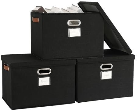 Bagnizer 3 scatole portaoggetti con coperchio, pieghevoli, in tessuto, grandi, impilabili, per scaffali, organizer per vestiti, guardaroba, colore nero, pieghevoli, decorative, 43 x 30 x 30 cm