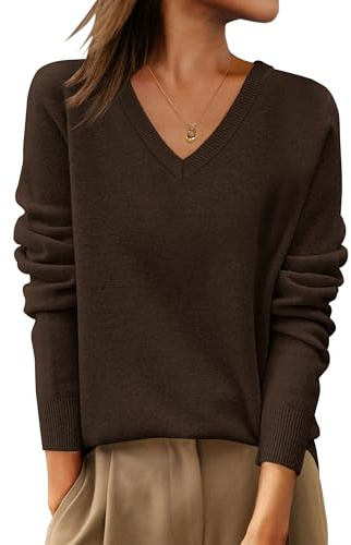 ANRABESS Womens 100% Wool Sweaters V Neck Long Sleeve Work Business Casual Basic Pullover Sweater Tops 2025 Fall Outfits Brown Medium