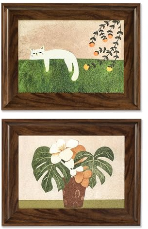 Luccyle Decorazioni murali incorniciate vintage, dipinti di gatti e botanici, set di quadri per soggiorni, camere da letto dei bambini e bagni, 15,7×11,8 pollic