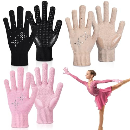 Toulite 3 Pairs Adult Winter Gloves, Non Slip Gel Grip Warm Gloves with Rhinestone Crystals for Ice Skating, Driving, Walking