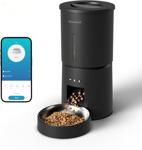 Miaosical WiFi foderautomat för katter 4,2 l, automatisk torrfoderdispenser med appkontroll, upp till 10 måltider dagligen, exakt portionering (svart, 4,2 l enkelskål med WiFi)