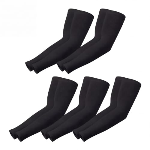 Pomarks UV Protection Arm Sleeves for Men Women – 5 Pairs Cooling Breathable Sun Sleeves, Compression Arm Warmers for Cycling, Running, Golf, Tennis, Gardening, Hiking and Driving