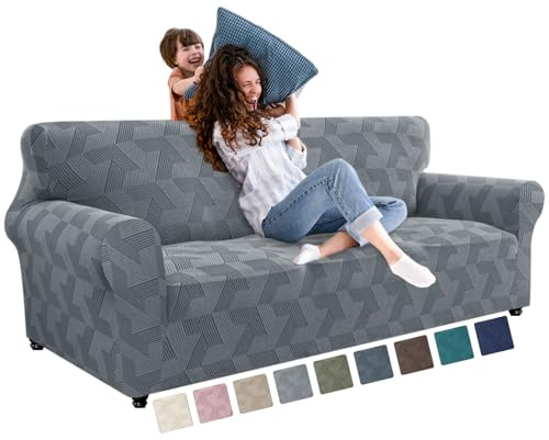 XINEAGE Stretch Sofa Covers 3 Seater, 1 Piece Sofa Slipcovers with Non Slip Design, Soft Couch Covers, Washable Furniture Protector for Dog/Pets Feature Geometrical Jacquard Fabric(Sofa,Light Grey)