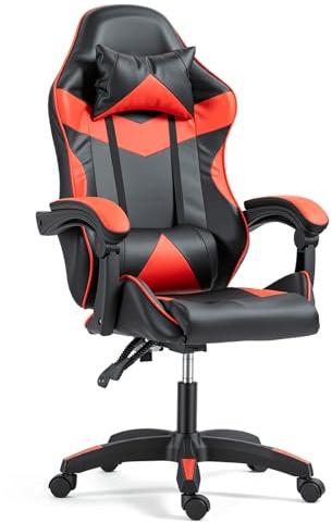 Panana Gaming Chair, Racing Style Office High Back Ergonomic Conference Work Chair Reclining Computer PC Swivel Desk Chair with Headrest&Lumbar Cushion 145 Degree Reclining Angle (Red)