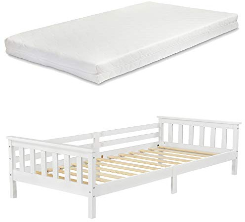 [en.casa] Lit d'enfant Design Cadre Stylé Structure Solide Capacité de Charge 100 kg Matelas à Mousse à Froid Bois de Pin Contreplaqué 200 x 90 cm Blanc