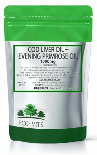 Cod Liver and Evening Primrose Oil 1000mg 365 Capsules EPA DHA GLA Joints, Supports Heart, Brain & Joint Health, Promotes Healthy Skin, Hair & Nails, Hormone Balance