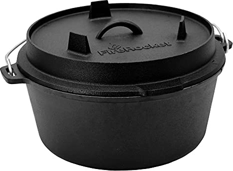 FireRocket Dutch Oven 9 qt 8,5 L | Premium Gusseisen Schmortopf ohne Füße | Robuster Gusstopf Feuertopf für Outdoor Camping | Gasgrill Lagerfeuer