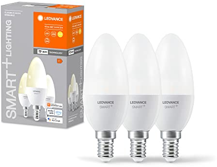 LEDVANCE Smarte LED-Lampe mit WiFi Technologie, Sockel E14, Dimmbar, Warmweiß (2700 K), ersetzt Glühlampen mit 40 W, SMART+ WiFi Candle Dimmable, 3er-Pack