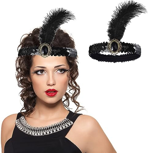 WLLHYF 1920s Headbands for Women Black Feather Hairband Rhinestone Crystal Flapper Headpiece 20s Vintage Beaded Leaf Hairband Hair Valentines Accessory for Girls Costume Party (Black Crystal)