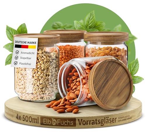 ElbFuchs® Juego de tarros de almacenamiento con tapa de 500 ml (4 piezas) de vidrio de borosilicato, tarros de almacenamiento herméticos, tarros de almacenamiento de vidrio para especias y alimentos