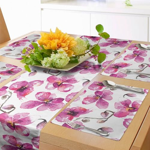 ABAKUHAUS Aquarell Tischläufer & 4 Stück Tischsets, Blühende Orchidee Zweige Frühling Zeit Feng Shui inspirierte Bouquet, Tischdeko-Set, 180 x 40 cm, Hell Orange Fuchsienfarben Kakao