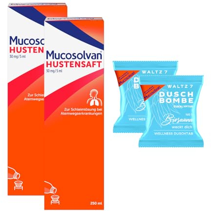 Mucosolvan® Hustensaft 2x250 ml + 2 Duschbomben on top| Hustenlöser bei Husten und festsitzendem Schleim | Mit Ambroxol für schnelle Hustenlinderung | Bei Erkältung oder Bronchitis