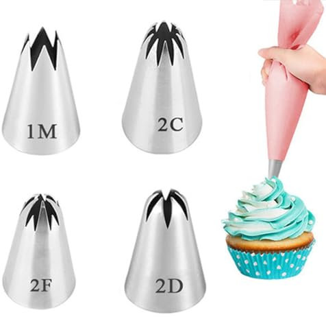 GXGM Set di 4 Bocchette sac a poche Professionali Acciaio inossidabile Taglia media (1M+2C+2G+2F) per Decorare Cupcakes, Torte, Biscotti & Churros - Bocchette per Pasticceria