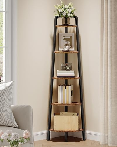 CHOEZON Corner Shelf, 5-Tier Ladder Corner Shelf, Ladder Bookshelf, 59.6 Tall Vertical Display Stand, Metal Frame Bookshelf, for Living Room, Bedroom, Kitchen, Rustic Brown and Black TCJ20BF