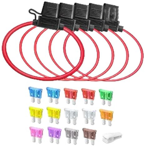 5 Stück 12(1)+16AWG(4) Sicherungshalter mit Draht für KFZ LKW, Inline Flachsicherung Wasserdicht Halter 12V, mit 14 Teiligen Standard Mittel Flachsicherungen(2A 3A 5A 7.5A 10A 15A 20A 25A 30A 35A)