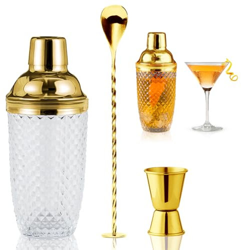Zinueen 400ML Cocktail Shaker Glas Set mit Edelstahl Messbecher und Sieb in Gold, Für Zuhause Bar Wein Gemischte Fruchtsäfte Getränke - Lecksicher & Inklusive Geschenkbox (Golden)
