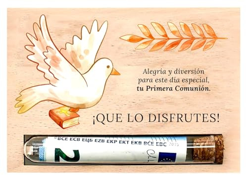 METACREART Tarjeta Regalo de Madera con Tubo para Dinero, notas, vales, cupones, sopresas - Regalos Primera Comunión Niño y Niña. Regalo original, 9 años, 10 años, felicitación comunión