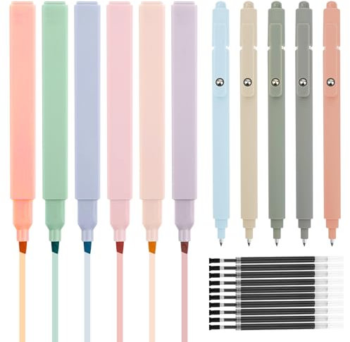 Deepton Textmarker Pastell Set, 6 No Bleed Highlighter Pen, 5 Schulsachen Aesthetic Stifte 0.5 Fine Point Schwarz with 10 Nachfüllungen, für Journaling Note Nehmen Schulbüro Stationäre
