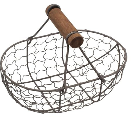 Metal Wire Chicken Egg Basket, Egg Collecting Baskets Fresh Eggs Holder, Multipurpose Vintage Wire Fruit Vegetable Bread Basket with Wooden Handle for Farmhouse Kitchen Counter-top Picnic