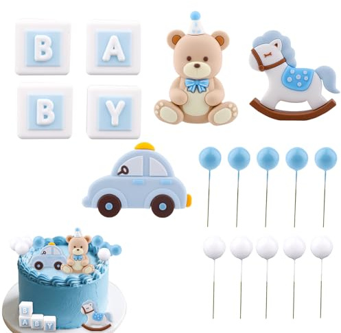 BOXOB Set di Decorazioni per Torta a Forma, Decorazioni Torta Compleanno per Baby Shower con Orsacchiotto Cavallo a Dondolo Macchinina Palloncini con Lettere e Blocchi
