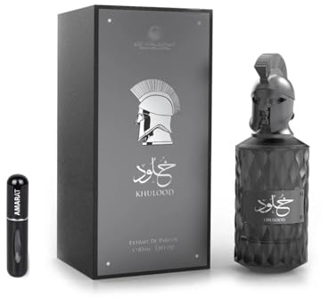 Khulood Extrait de parfum 85 ml, parfum arabe unisexe de longue durée, avec atomiseur rechargeable, parfum frais et boisé avec notes d'ananas, pomme verte et musc blanc (Khulood)