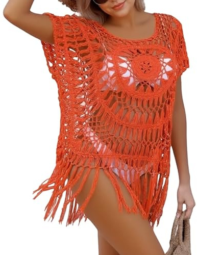 Eauptffy Vestido de playa para mujer, traje de bikini, cubierta de verano, kimono con flecos, decoración para fiesta en la piscina, vacaciones en la playa, cubierta con patrón de agujeros, mini