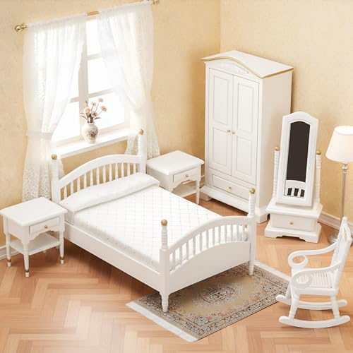 Skylety Juego de 7 muebles victorianos para casa de muñecas a escala 1:12, juego de muebles de dormitorio para adultos, juguetes en miniatura, accesorios para casa de muñecas