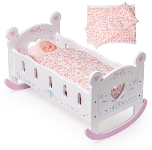 ROBOTIME Baby Doll Crib, Doll Bed for 18–24 Inch Dolls, Wooden Doll Cradle with Mattress, Pillow & Quilt, Pretend Play Doll Furniture Gift for Girls & Boys Ages 3+