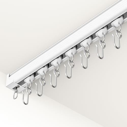 Ceiling Curtain Track 6–9 ft White - Heavy Duty Ceiling/Wall Mount Curtain Rail/Rod System, 30 Quiet-Glide Rollers, 30 Hooks, 30 Clips, Room Divider for Living Room, Bathroom or Hospital