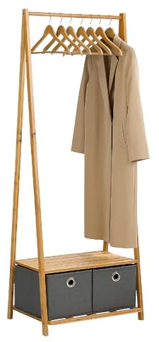 BRINDEK Perchero de bambú con balda inferior y 2 cajones de tela | Galán burro ropa 160x60x43,5 cm con barra para colgar y almacenaje integrado | Diseño moderno y resistente | Montaje fácil