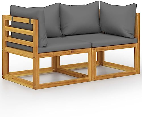 Foknhdi Panchina da giardino a 2 posti, in legno di acacia massiccio, con cuscino in poliestere grigio scuro, 70 x 70 x 60 cm, divano ad angolo, resistente alle intemperie, per balcone, terrazza e