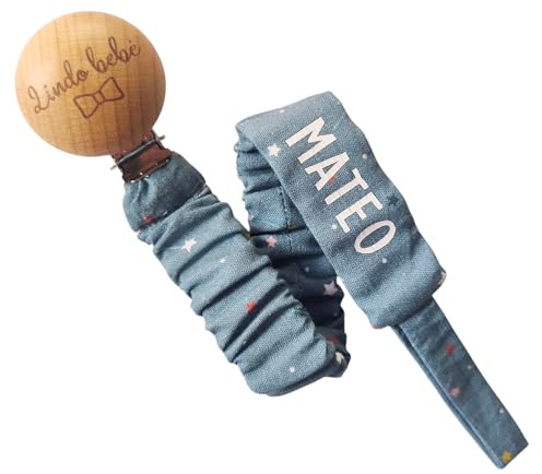 Lindo Bebé- Chupetero Personalizado diseño exclusivo y único | Con nombre del bebé | Regalo recien nacido, babyshower,... | Sujetachupetes, cadena para chupete (a.- Azul estrellas)