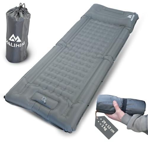 MALIHINI Colchón hinchable para camping [bomba integrada y almohada] 10 cm de grosor, tamaño pequeño | esterilla de camping hinchable ultraligera y compacta | Colchoneta aislante para trekking y