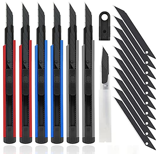 DOWELL Coltello multiuso Taglierina per scatola Coltello da hobby retrattile 6 pezzi con lame a scatto da 20 pezzi da 9 mm Manico in alluminio resistente Taglio di scatole di cartone o fai da te