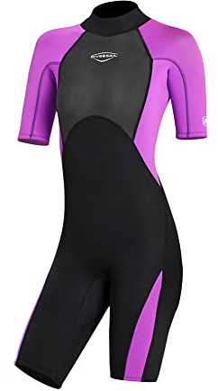 Mens Wetsuit Women Adult Shorty 2MM Neoprene Wet Suit Diving Scuba Surfing Suits, One Piece Short Sleeve Thermal Wetsuits Back Zip Swimsuit for Snorkeling Kayaking Water Sports (M, 2MM Women Purple)