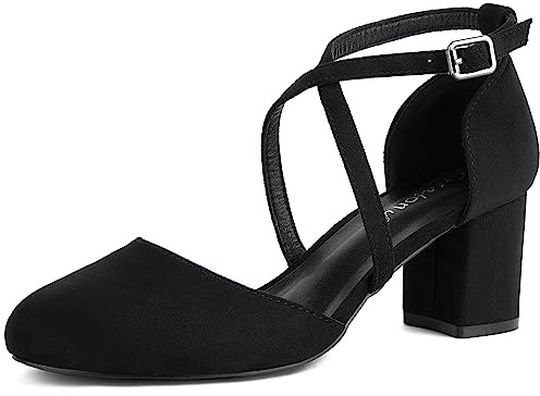 Greatonu Womens Court Shoes Mid Heel Chunky Dress Sandals Ladies Ankle Strap Wedding Party Pumps Black Size 6