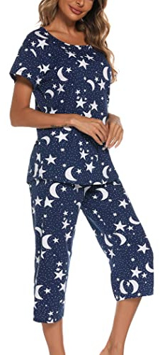 ENJOYNIGHT - Pijama corto para mujer, de manga corta, con pantalones de dormir de 3/4, ropa de dormir de dos piezas, de S a 3XL | Ropa de dormir estampada de 2 piezas, tela de mezcla de algodón, suave y ligera, ideal para un sueño reparador