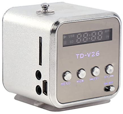 CCYLEZ -Lautsprecher, Musik-Player mit UKW-Radio, Eingebauter 600-mAh-Akku, Unterstützung für TF-Karte und U-Disk, Geeignet für Zuhause, Schlafsaal, Küche, Badezimmer(Silber)