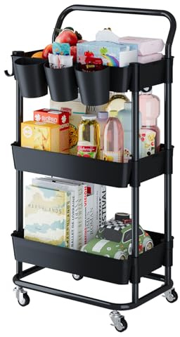 Buzowruil 3-Tier Rolling Utility Cart, Storage Cart with Handle Multi-Purpose and Locking Wheels,with Hanging Basket and Hook for Office, Kitchen, Bathroom,Black
