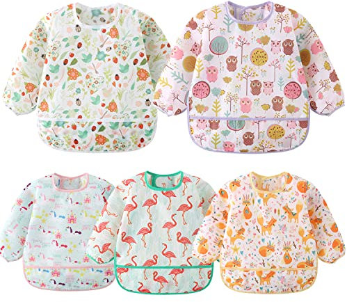 Yealoo 5 Pack Lätzchen mit Ärmeln Baby Lätzchen Wasserdicht Abwaschbar Ärmellätzchen 6-30 Monaten