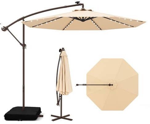 COSTWAY Ombrellone da Giardino 300 cm, 40 Luci LED Solari, Anti-UV, Inclinazione Regolabile, Manovella, 2 Sacchi di Sabbia, 8 Stecche per Esterno Piscina Patio (Beige)