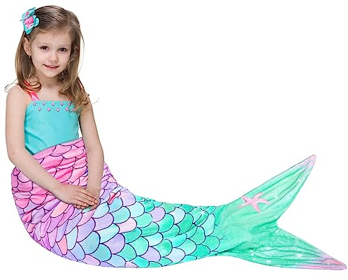 WERNNSAI Mermaid Tail Blanket - Wearable Blankets for Kids & Teens, Soft Flannel Mermaid Scale Sleeping Bags & Snuggle Blanket for All Seasons (Pink & Green)