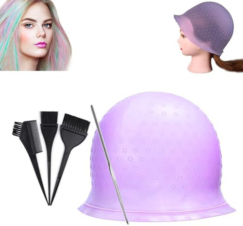 Silicone Hair Highlighting Cap Kit - Punched Hole Hair Dye Cap with Hook and Hair Coloring Brush for Salon Home Use