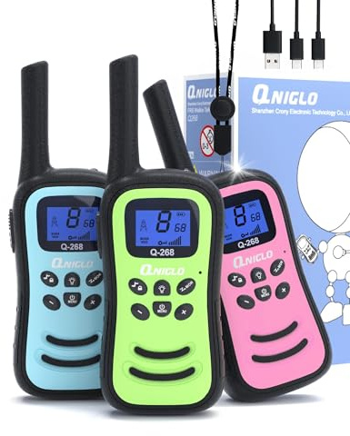 Walkie Talkies for Kids Rechargeable 3 pack, QNIGLO Long Range Walky Talkie Adult with Built-In Li-Ion Battery 8 Channels 2 Way Radio with VOX Function & LED Flashlight Fit Outdoor Game Camping