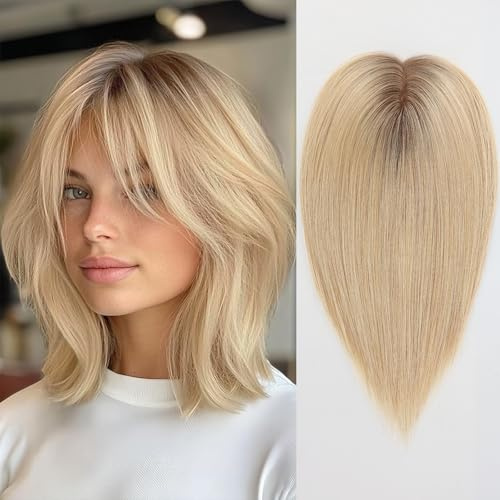 HAIRCUBE Haartopper für Frauen Top Haarteile 100% echtes menschliches Haar mit Pony Menschenhaartopper mit Schweizer Spitzenbasis handgebundenes Haar verlieren/dünnen Haar 14 Zoll ombre hellblond