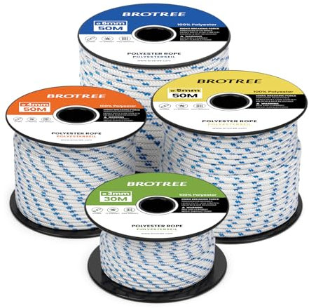 Brotree Braided Polyester Rope 5mm x 30m White/Blue - Low Stretch Braided Polyester Cord for Marine, Boat, Mooring, Flagpole Halyard - 400KG Breaking Load