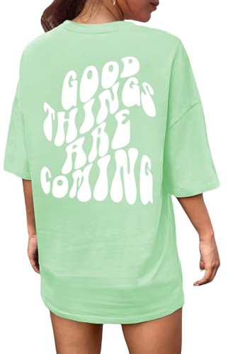Svanco T-Shirt Oversize à Col Rond pour Femme Manche Courte avec Impression de Lettres Créatives Loose Haut Imprimé Streetwear Top