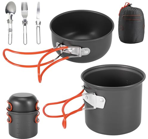 ALLOMN Juego de utensilios de cocina de camping, kit de utensilios de cocina portátil para camping, juego de ollas para mochileros, picnic, senderismo, picnic, pesca, montañismo, uso de 1 a 2 personas